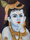 18”x15" Lord Krishna Eating Butter Tanjore Painting, Seated On Pink Lotus. Valaikaapu Seemantha Gift To Indian Women. Bedroom Wall Hanging