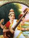 18"x15" Unique Gold Tanjore Painting of Saraswati With Sceneary, Hindu Goddess of Wisdom