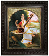 18"x15" Unique Gold Tanjore Painting of Saraswati With Sceneary, Hindu Goddess of Wisdom