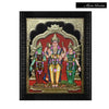 Unique Gold Tanjore Painting of Lord Murugan With Valli & Devyani, Teakwood Frame, A beautiful personalized art gift for your friends family