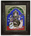 18"x15" Special Tanjore Painting Of Saraswati On Swan, in Semi Embossed (2D) & Direct Leaf Style (Antique), With New Padma Design Teakwood Frame